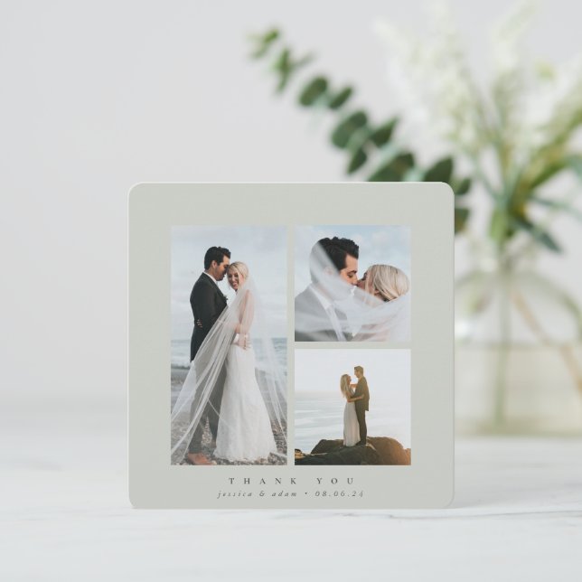 Gray-Green Elegant Square Drei Foto Hochzeitsflat Dankeskarte (Stehend Vorderseite)