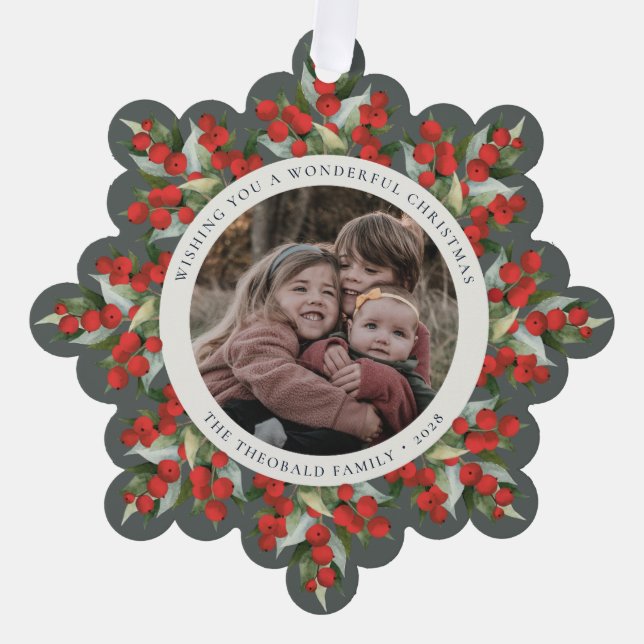 Gray-Green Red Berries+Greenery Christmas Paper Ornament Karte (Vorderseite)