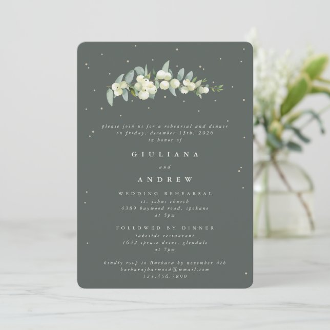 Gray Green Snowberry+Eucalyptus Wedding Probe Einladung (Stehend Vorderseite)