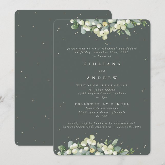 Gray Green Snowberry+Eucalyptus Wedding Probe Einladung (Vorne/Hinten)