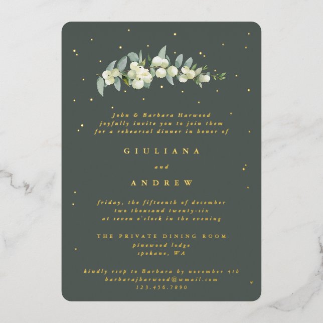 Gray Green Snowberry+Eucalyptus Wedding Probe Folieneinladung (Vorderseite)