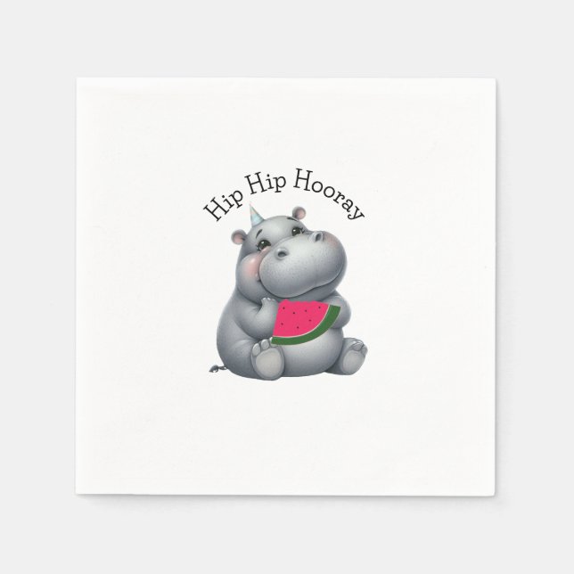 Gray Hippo Watermelon Geburtstag Serviette (Vorderseite)