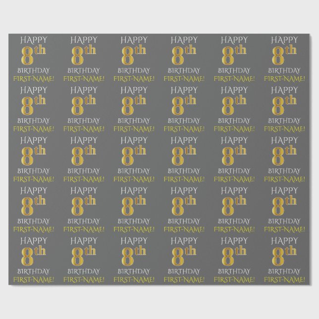 Gray, Imitate Gold "HAPPY 8th BIRTHDAY" Geschenkpapier (Flach)