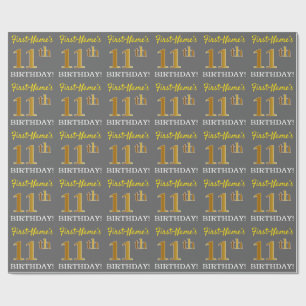 Gray, Imitation Gold Look "11. BIRTHDAY" Geschenkpapier