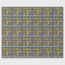 Gray, Imitation Gold Look "13. BIRTHDAY" Geschenkpapier