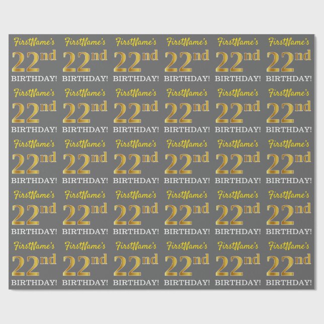 Gray, Imitation Gold Look "22. BIRTHDAY" Geschenkpapier (Flach)