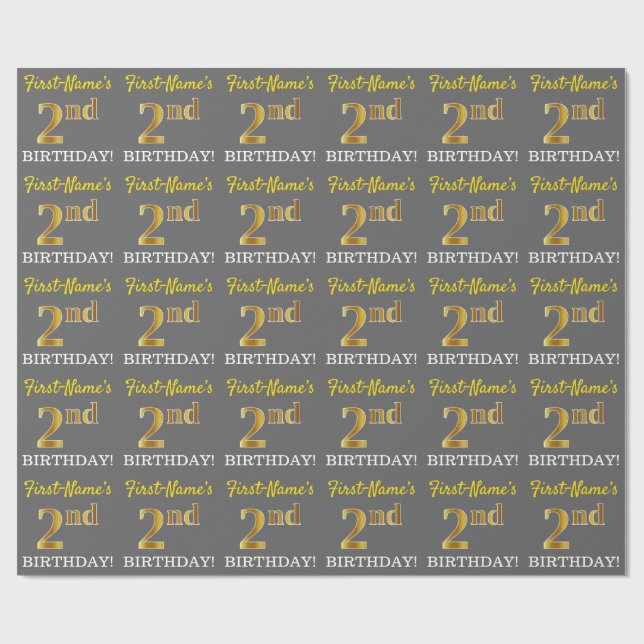 Gray, Imitation Gold Look "2. BIRTHDAY" Geschenkpapier (Flach)