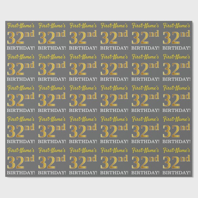 Gray, Imitation Gold Look "32. BIRTHDAY" Geschenkpapier (Flach)