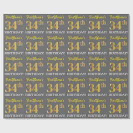Gray, Imitation Gold Look "34. BIRTHDAY" Geschenkpapier