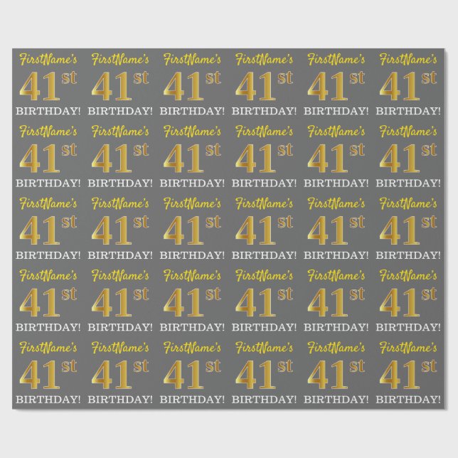Gray, Imitation Gold Look "41. BIRTHDAY" Geschenkpapier (Flach)
