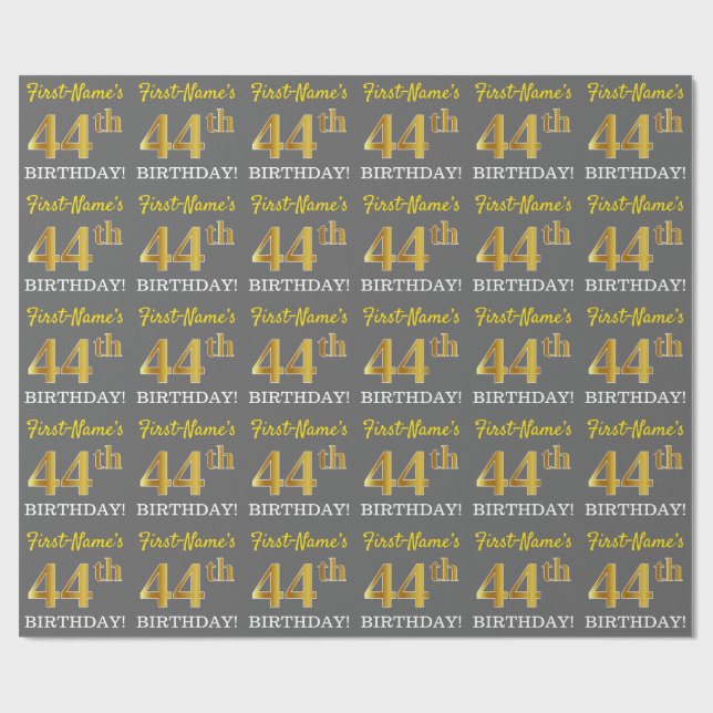 Gray, Imitation Gold Look "44. BIRTHDAY" Geschenkpapier (Flach)
