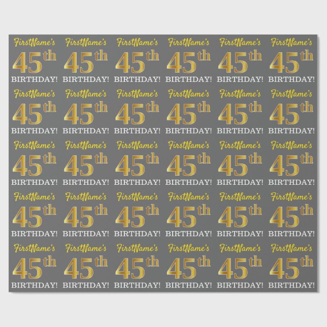Gray, Imitation Gold Look "45. BIRTHDAY" Geschenkpapier (Flach)