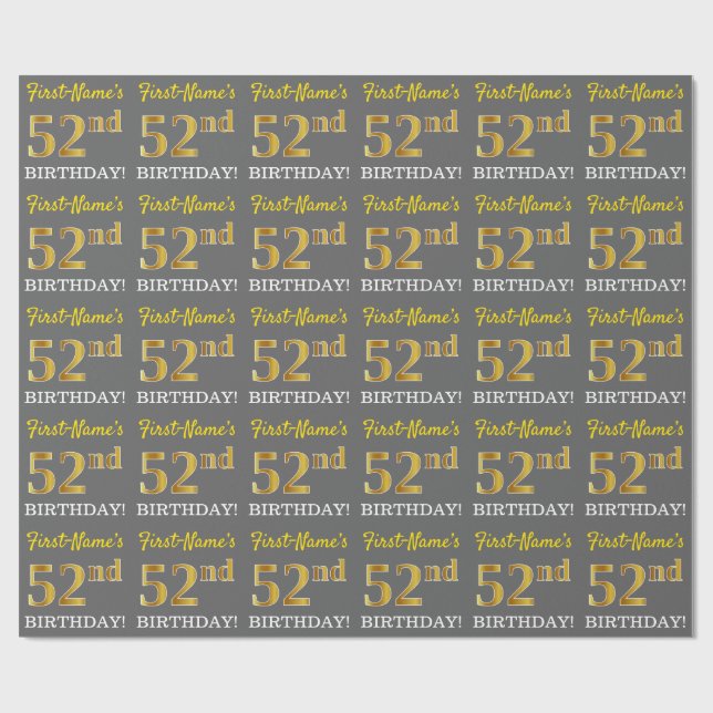 Gray, Imitation Gold Look "52. BIRTHDAY" Geschenkpapier (Flach)