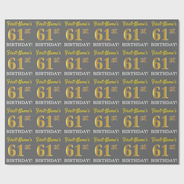 Gray, Imitation Gold Look "61. BIRTHDAY" Geschenkpapier (Flach)