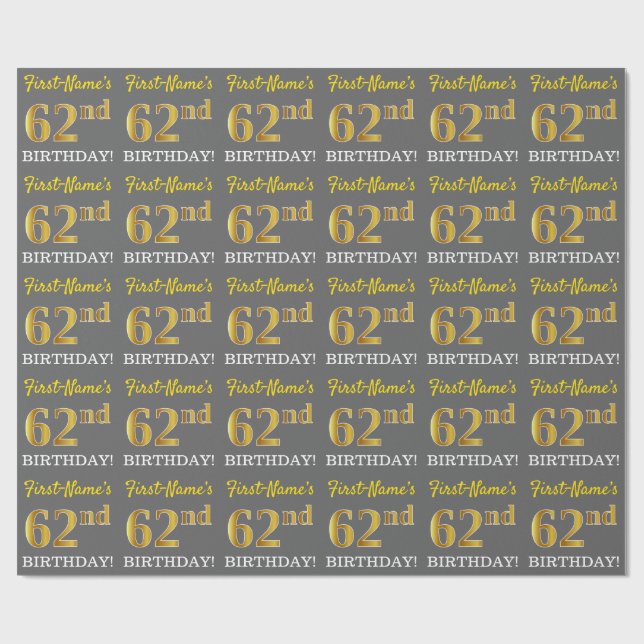 Gray, Imitation Gold Look "62. BIRTHDAY" Geschenkpapier (Flach)