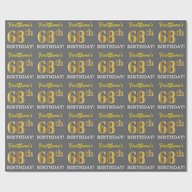 Gray, Imitation Gold Look "68. BIRTHDAY" Geschenkpapier (Flach)