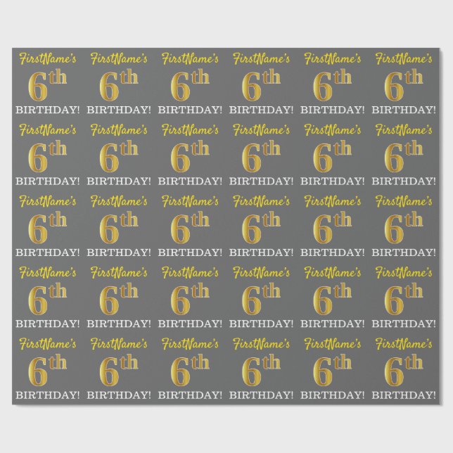 Gray, Imitation Gold Look "6. BIRTHDAY" Geschenkpapier (Flach)