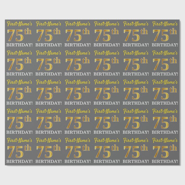 Gray, Imitation Gold Look "75. BIRTHDAY" Geschenkpapier (Flach)
