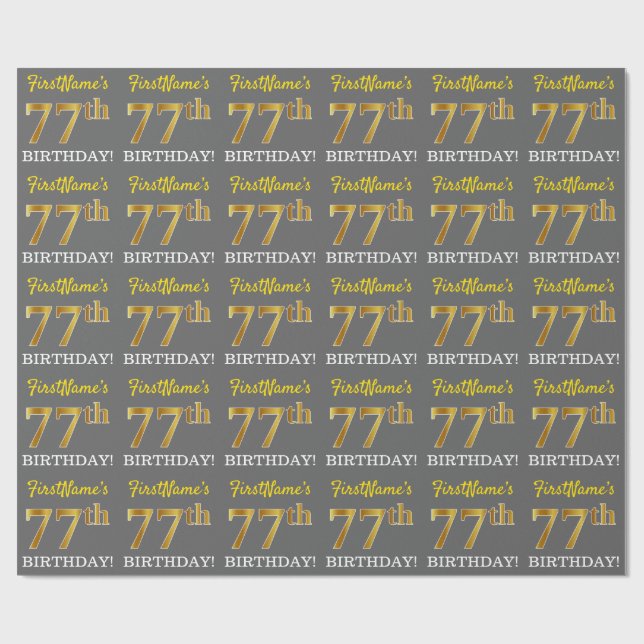 Gray, Imitation Gold Look "77. BIRTHDAY" Geschenkpapier (Flach)
