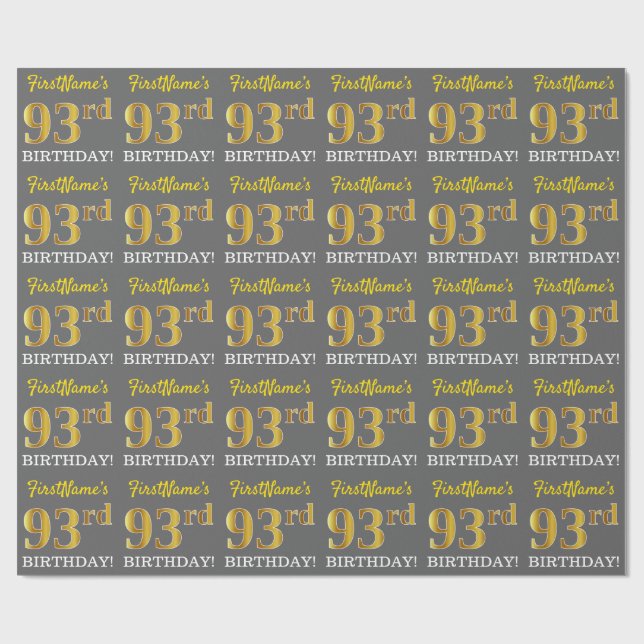 Gray, Imitation Gold Look "93. BIRTHDAY" Geschenkpapier (Flach)