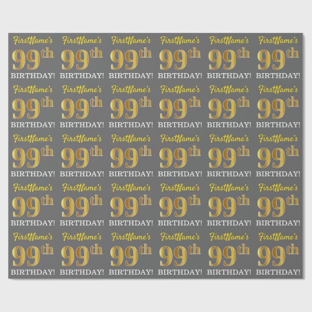 Gray, Imitation Gold Look "99. BIRTHDAY" Geschenkpapier (Flach)