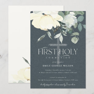 GRAY IVORY WHITE AQUA FLORAL First HOLION Einladung