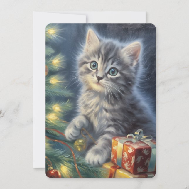 Gray Kitten Christmas Feiertagskarte (Vorderseite)