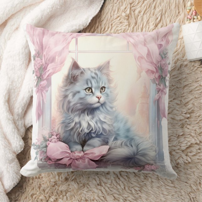 Gray Kitten Pink Bow Kissen (Decke)