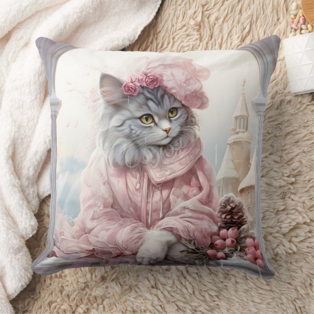 Gray Kitten Pink Frilly Clothes Kissen (Decke)