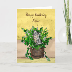 Gray Kitten sitzt in einem Topf Catnip Geburtstag Karte