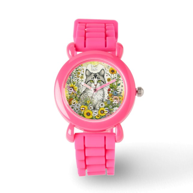 Gray Kitty Cat Sitzen in Blume Armbanduhr (Vorderseite)