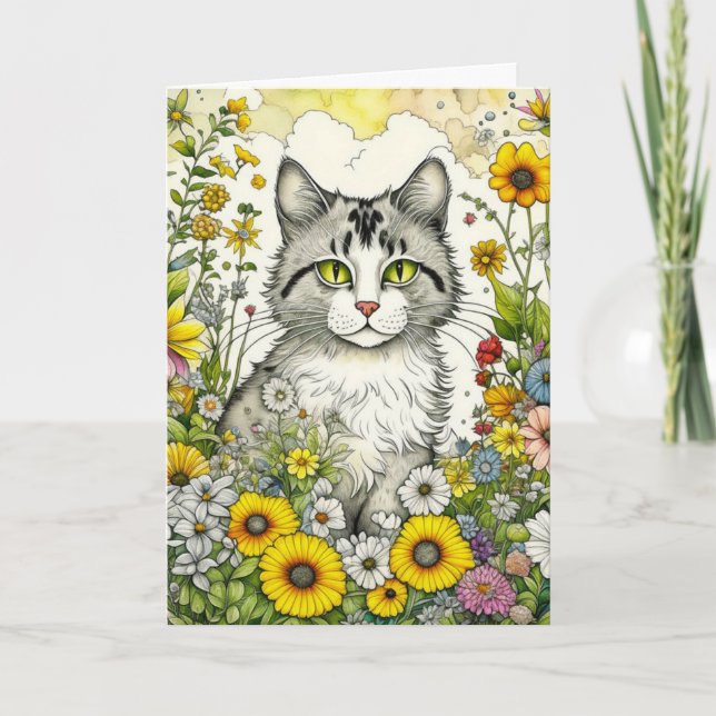 Gray Kitty Cat Sitzen in Blume Geburtstag Karte (Vorderseite)