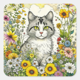 Gray Kitty Cat Sitzen in Blume Quadratischer Aufkleber