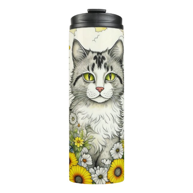 Gray Kitty Cat Sitzen in Blume Thermosbecher (Vorderseite)
