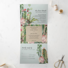 GRAY KRAFT FLORAL CACTI FOLIAGE WATERCOLOR WEDD DREIFACH GEFALTETE EINLADUNG