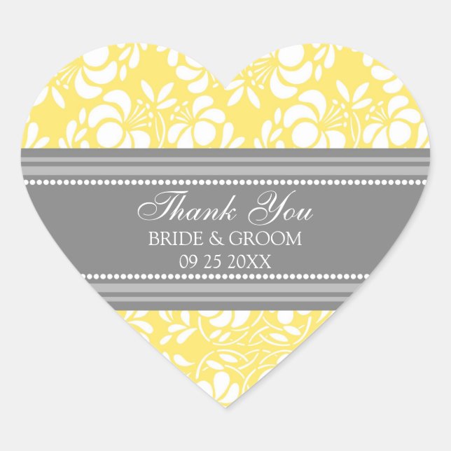 Gray Lemon Damask Vielen Dank Gastgeschenk Hochzei Herz-Aufkleber (Vorderseite)