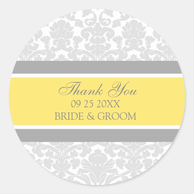 Gray Lemon Damask Vielen Dank Gastgeschenk Hochzei Runder Aufkleber (Vorderseite)