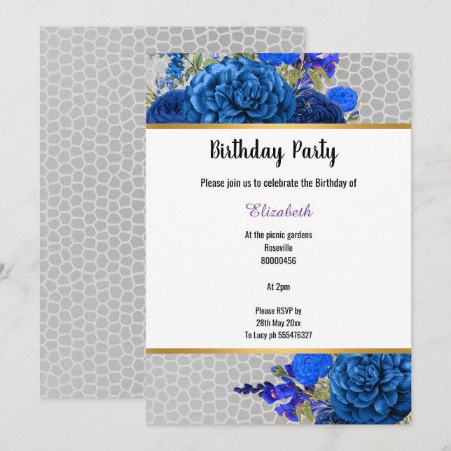 GRAY LEOPARD ROYAL BLUE FLORAL EINLADUNG (Vorne/Hinten)
