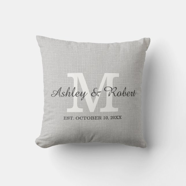 Gray Linen Coal White Monogram Wedding Keepake Kissen (Vorderseite)