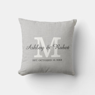 Gray Linen Coal White Monogram Wedding Keepsake Kissen
