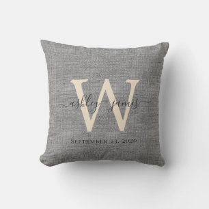 Gray-Linen-Elfenbein-Monogramm-Hochzeitssake Kissen