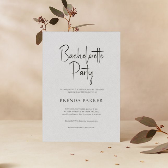 Gray Linen Simple Black Script Junggeselinnen-Absc Einladung (Von Creator hochgeladen)