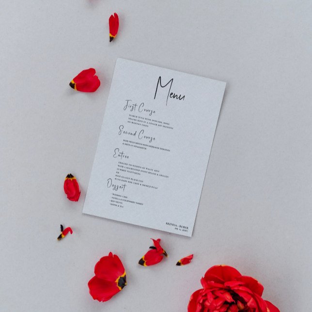 Gray Linen Simple Black Script Wedding Menu Einladung (Von Creator hochgeladen)