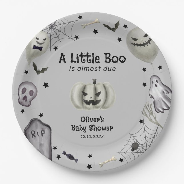 Gray Little Boo Ghost Halloween Boy Baby Dusche Pappteller (Vorderseite)
