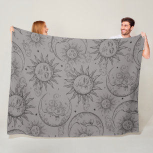 Gray Magic Vintag Celestial Sun Moon Stars Fleecedecke