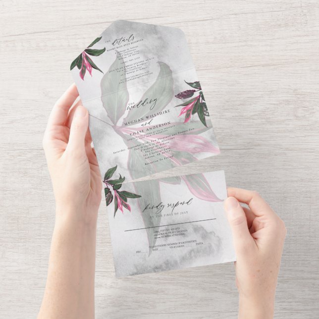 Gray Marble Tropical Pink Philodendron All In One Einladung (Abreißen)