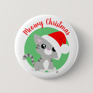 Gray Meowy Christmas Kitty Button