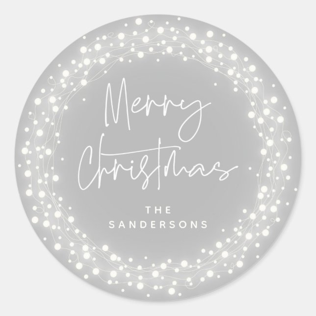 Gray Merry Christmas Script Sparkling Lights Runder Aufkleber (Vorderseite)