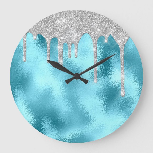 Gray Metal Spark Glitzer Tropfen Ocean Glitzer Große Wanduhr (Vorderseite)