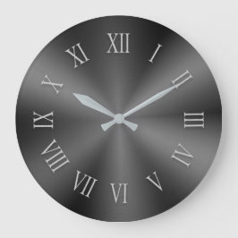Gray Metallic Clock with Patterned Roman Numbers Große Wanduhr